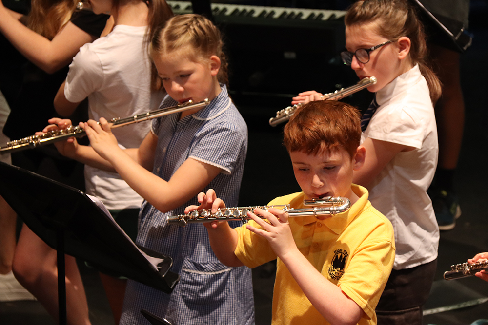 Young children playing the flute with Medway Towns Music Centre, Junior Flute Ensemble