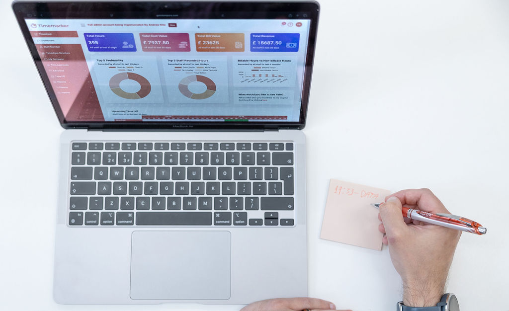 The laptop displays the Timemarker application with donut graphs. One handwriting on a sticky note.